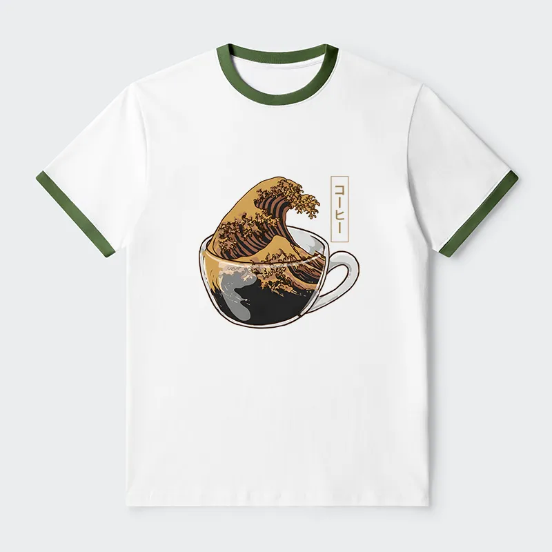 Tokyo-Tiger Coffee Wave Contrast Trim T-Shirt