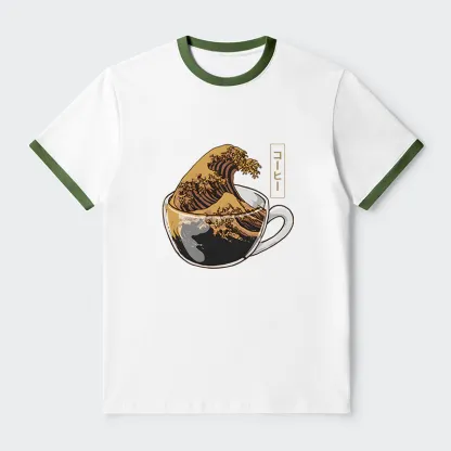 Tokyo-Tiger Coffee Wave Contrast Trim T-Shirt