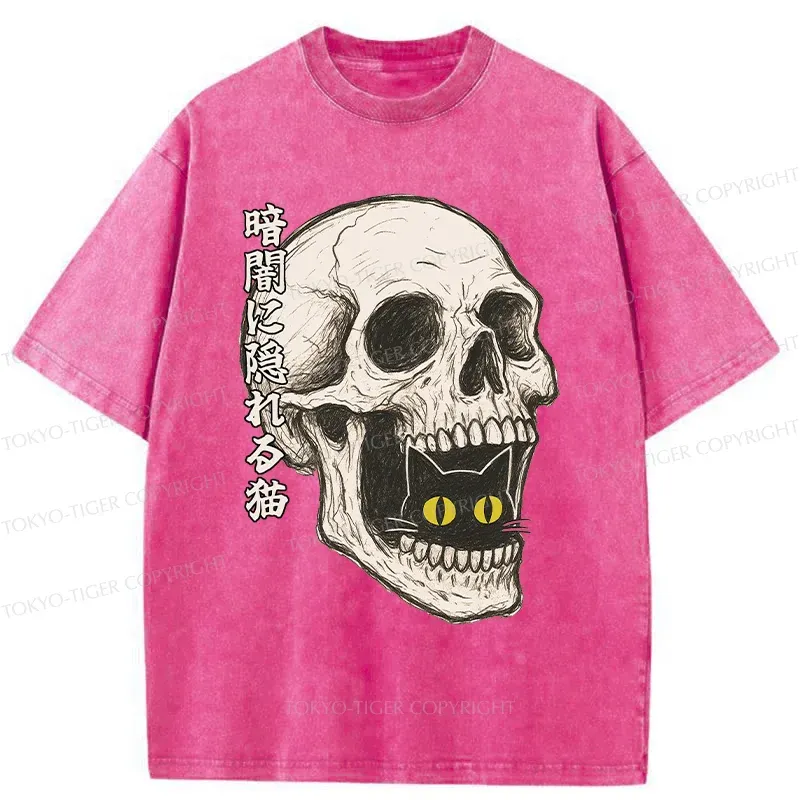 Tokyo-Tiger Cat Hiding In The Skull Washed T-Shirt