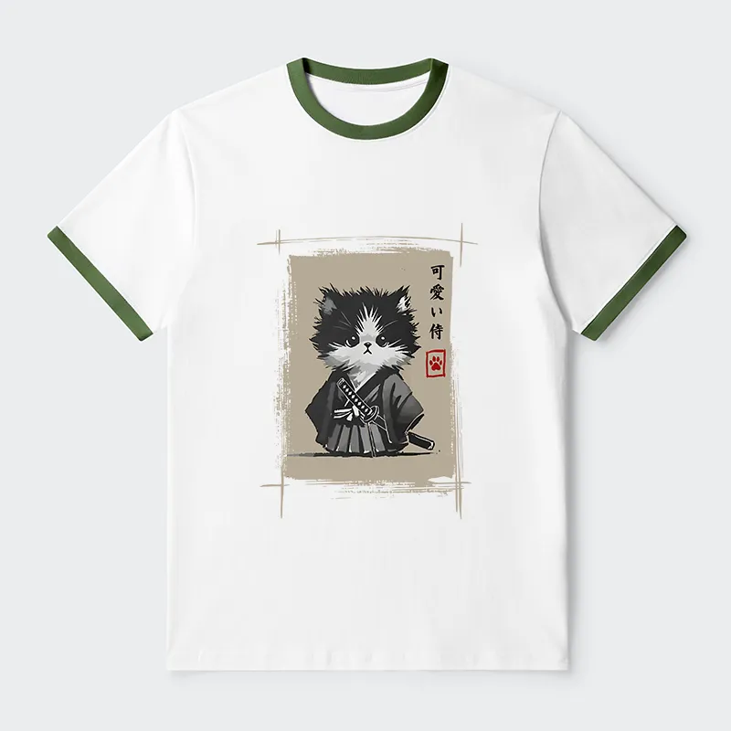 Tokyo-Tiger Kitten Samurai Contrast Trim T-Shirt