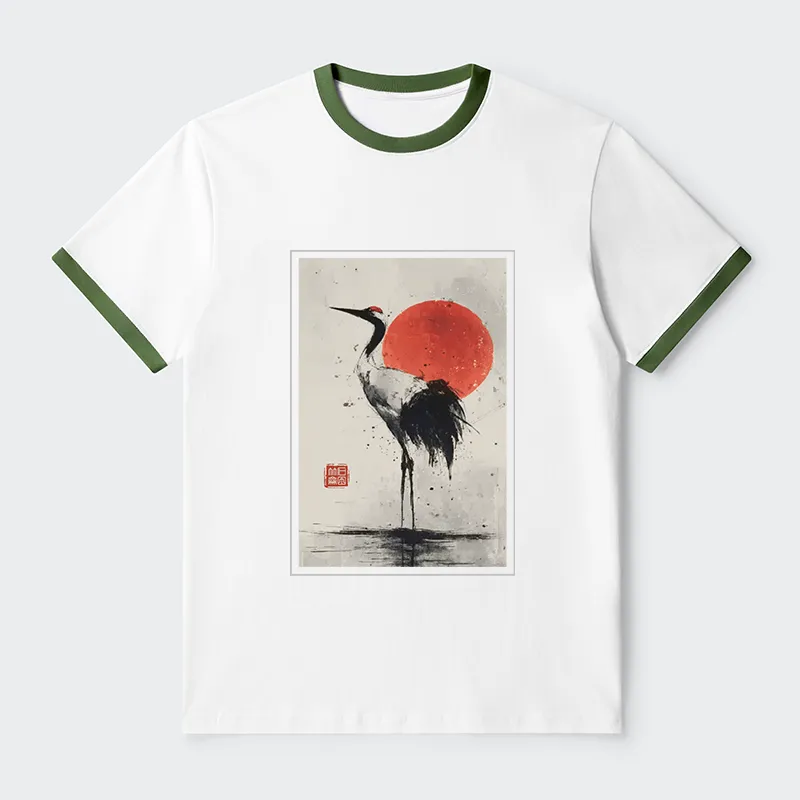 Tokyo-Tiger Retro Japanese Red-crowned Crane Contrast Trim T-Shirt