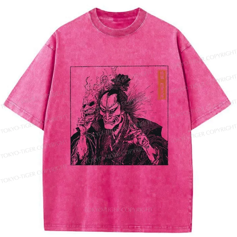 Tokyo-Tiger Samurai Taking Off His Demon Mask Washed T-Shirt