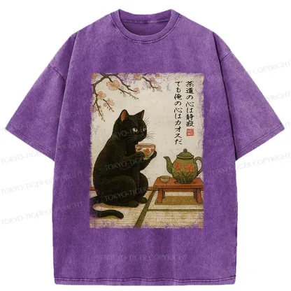 Tokyo-Tiger Tea Time With A Black Cat Washed T-Shirt