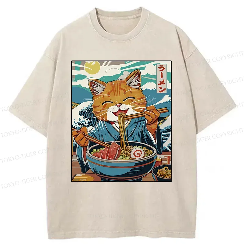 Tokyo-Tiger Orange Cat Eating Ramen Washed T-Shirt