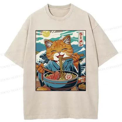 Tokyo-Tiger Orange Cat Eating Ramen Washed T-Shirt
