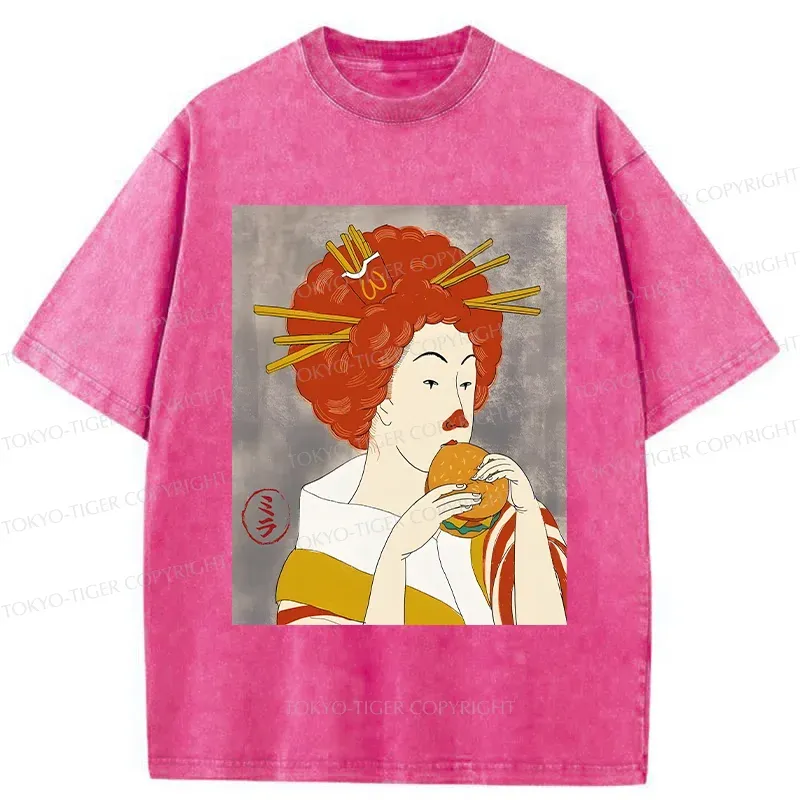 Tokyo-Tiger Japanese Eating Hamburger Washed T-Shirt