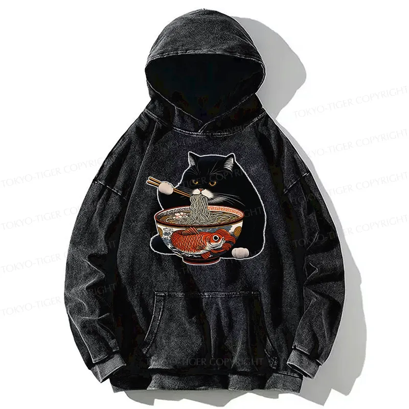 Tokyo-Tiger Fat Cat Eating Ramen Washed Hoodie