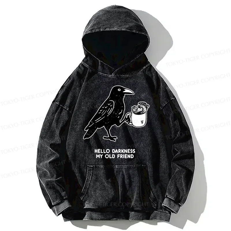 Tokyo-Tiger Crow Drinking Black Coffee Funny Washed Hoodie