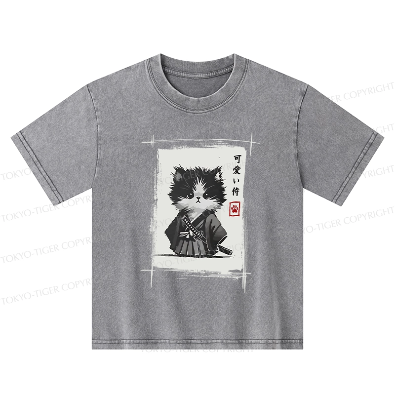 Tokyo-Tiger Kitten Samurai Kids Washed T-Shirt