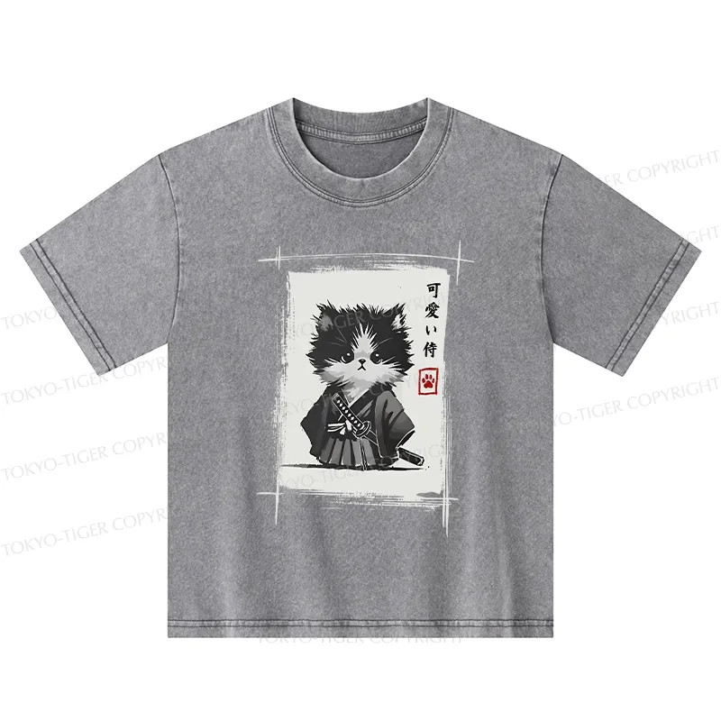Tokyo-Tiger Kitten Samurai Kids Washed T-Shirt