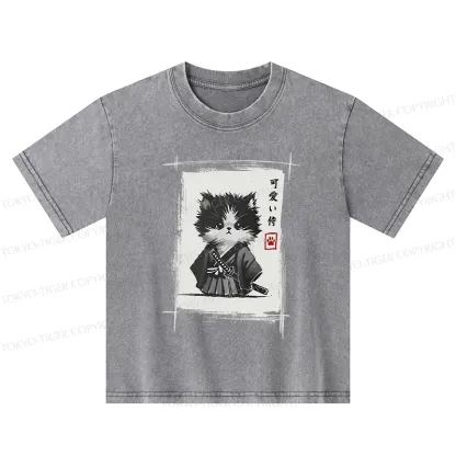 Tokyo-Tiger Kitten Samurai Kids Washed T-Shirt