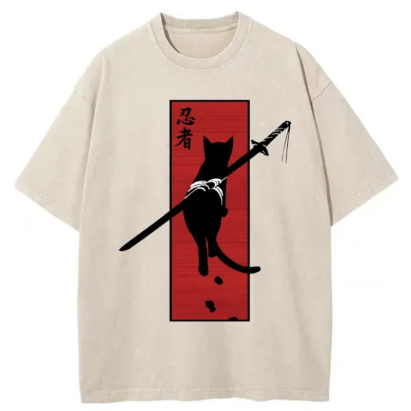 Tokyo-Tiger Lonely Cat Ninja Washed T-Shirt