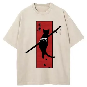 Image of Tokyo-Tiger Lonely Cat Ninja Washed T-Shirt