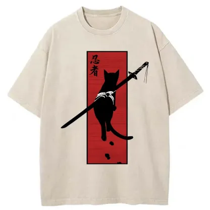 Tokyo-Tiger Lonely Cat Ninja Washed T-Shirt