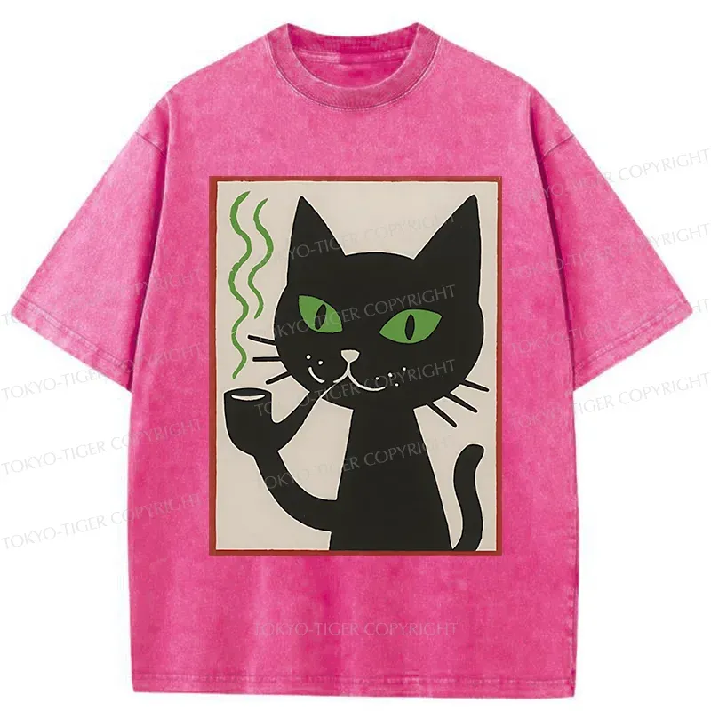 Tokyo-Tiger Black Cat Smoking Washed T-Shirt