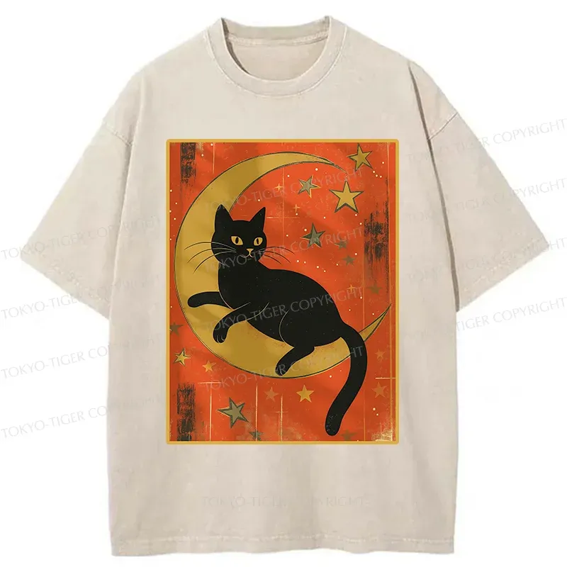 Tokyo-Tiger Black Cat On The Moon Washed T-Shirt