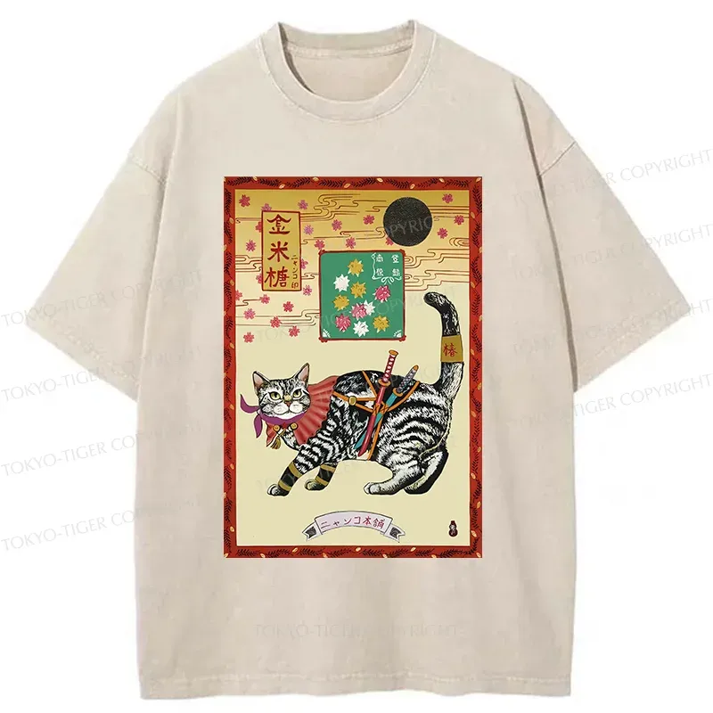 Tokyo-Tiger Retro Samurai Cat Washed T-Shirt