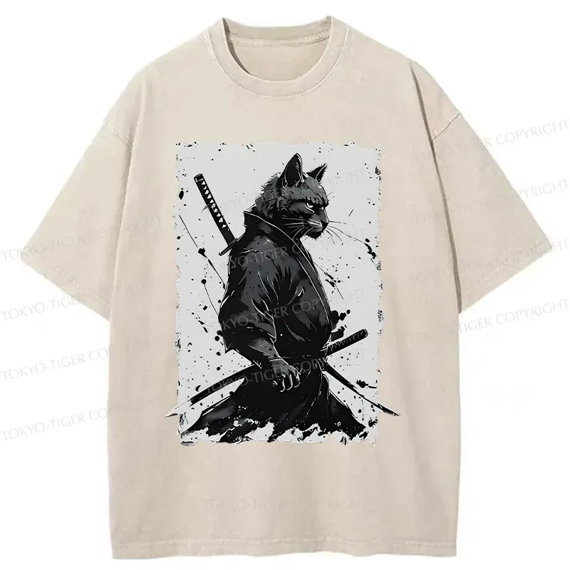 Tokyo-Tiger Handsome Samurai Cat Washed T-Shirt
