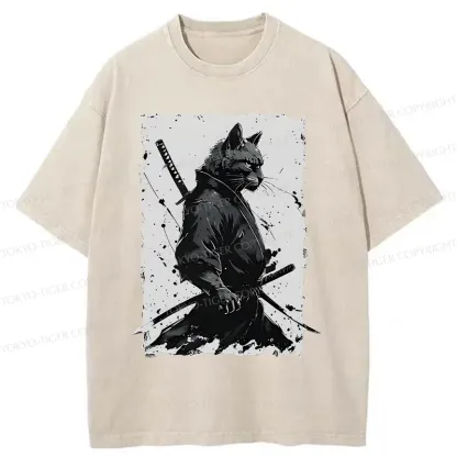 Tokyo-Tiger Handsome Samurai Cat Washed T-Shirt