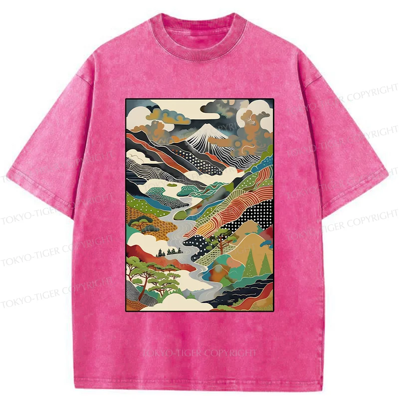 Tokyo-Tiger Japanese Mountain Scenery Washed T-Shirt