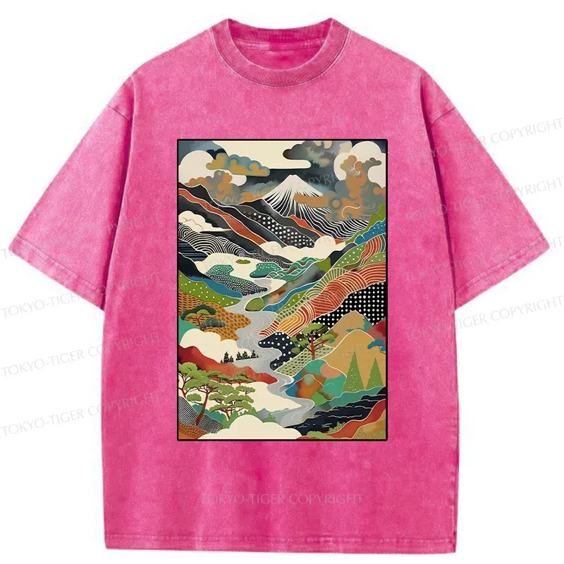 Tokyo-Tiger Japanese Mountain Scenery Washed T-Shirt