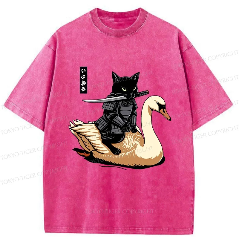 Tokyo-Tiger Black Cat Samurai Riding A Goose Washed T-Shirt