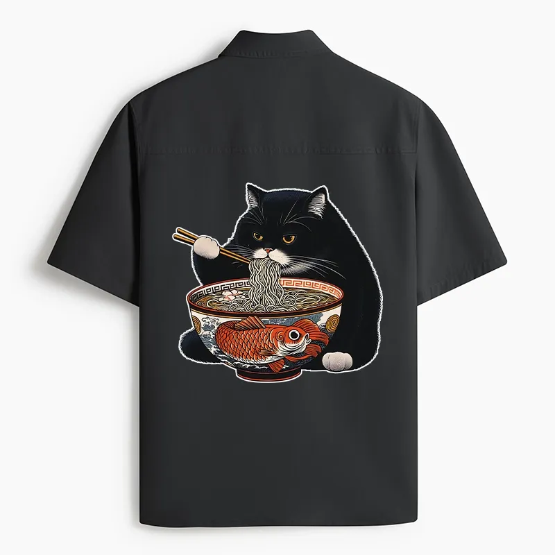 Tokyo-Tiger Fat Cat Eating Ramen Work Shirt