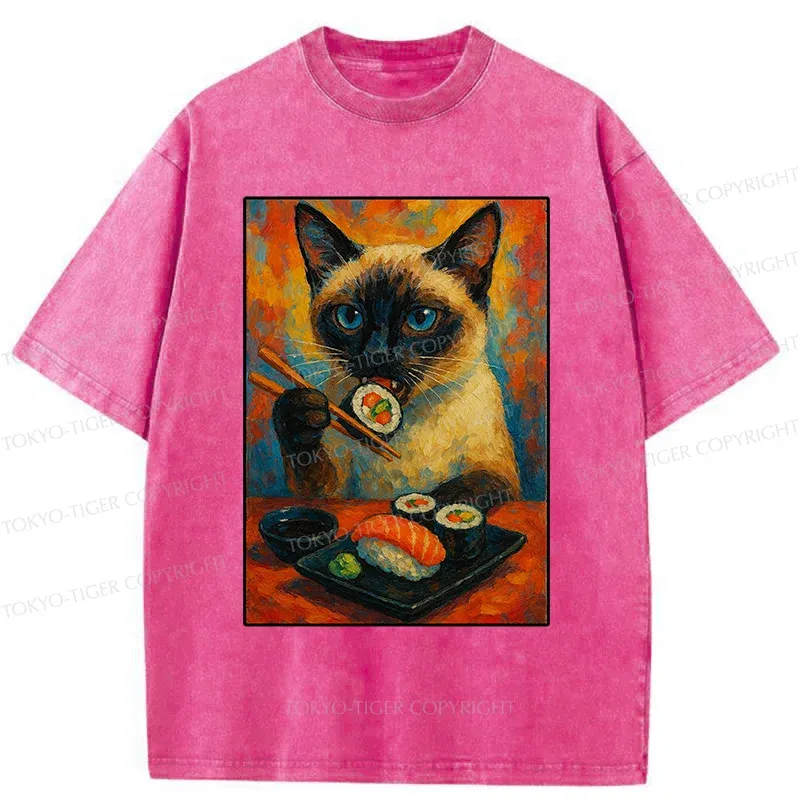 Tokyo-Tiger Siamese Cat Eating Sushi Washed T-Shirt