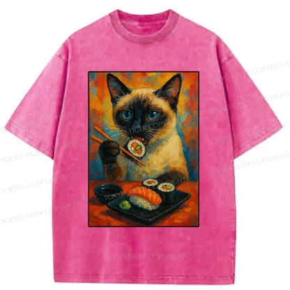 Tokyo-Tiger Siamese Cat Eating Sushi Washed T-Shirt