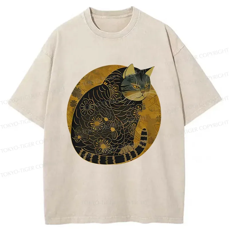 Tokyo-Tiger Japanese Retro Cat Washed T-Shirt