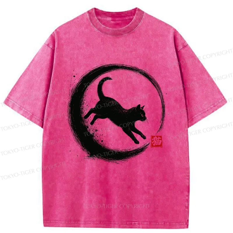 Tokyo-Tiger Retro Cat Enso Japanese Washed T-Shirt