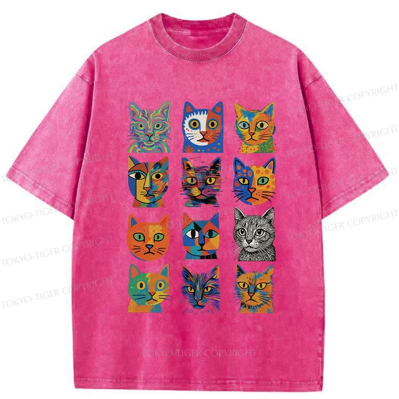 Tokyo-Tiger Abstract Cats Collection Washed T-Shirt