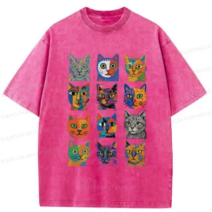 Tokyo-Tiger Abstract Cats Collection Washed T-Shirt