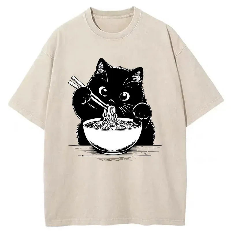 Tokyo-Tiger Cute Cat Eating Ramen Washed T-Shirt