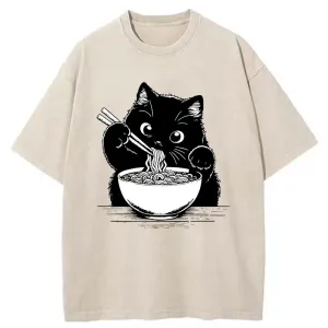 Image of Tokyo-Tiger Cute Cat Eat Ramen Washed T-Shirt