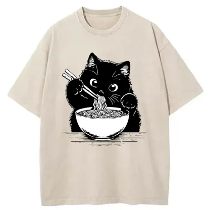 Tokyo-Tiger Cute Cat Eating Ramen Washed T-Shirt