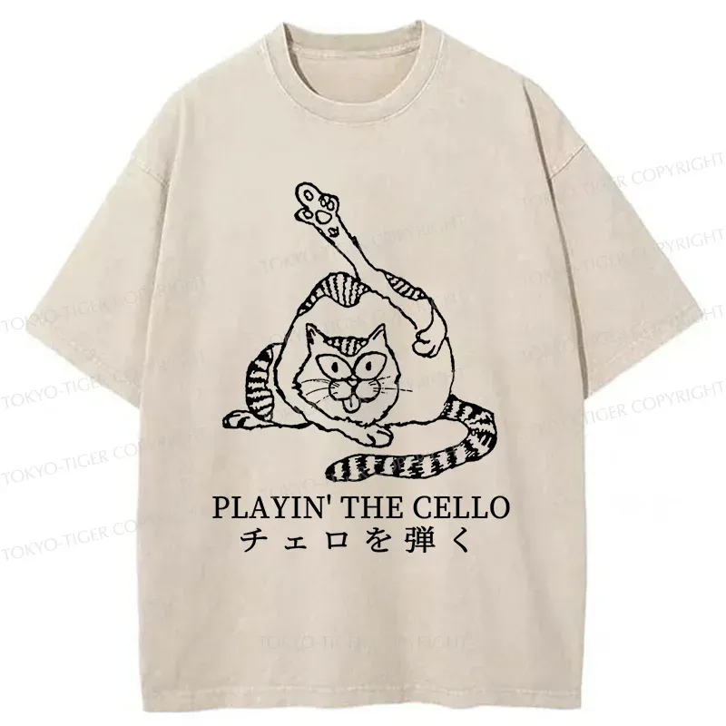 Tokyo-Tiger Cat Playing Cello Washed T-Shirt