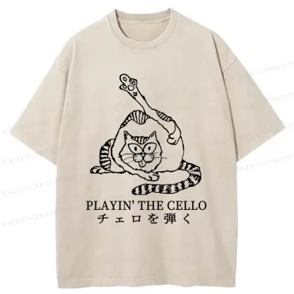 Tokyo-Tiger Cat Playing Cello Washed T-Shirt