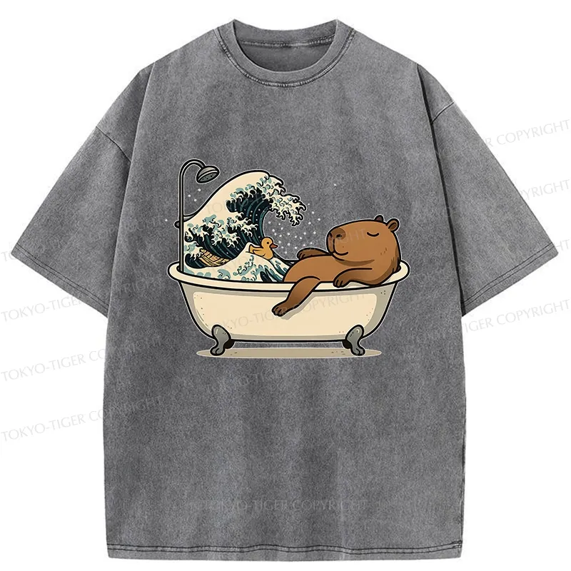 Tokyo-Tiger Funny Capybara Bathing Washed T-Shirt