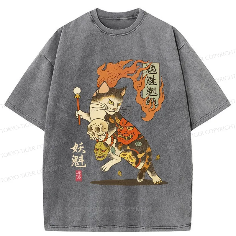 Tokyo-Tiger The Fiery Spirit Of The Yokai Cat Washed T-Shirt