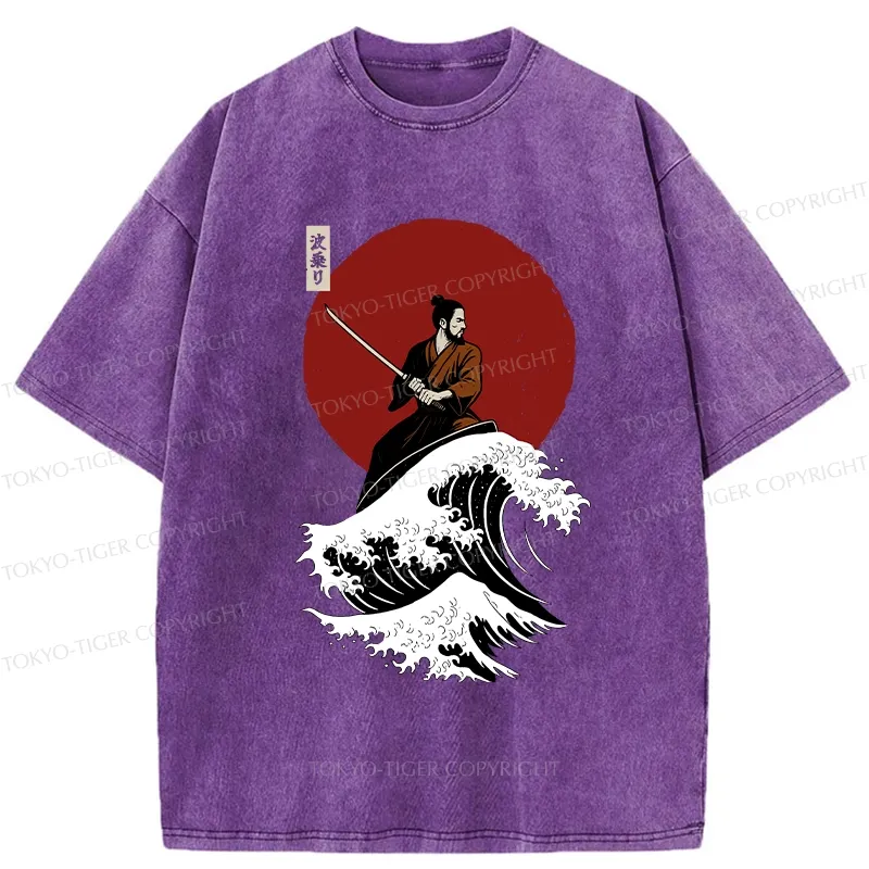 Tokyo-Tiger Surfing Japanese Samurai Washed T-Shirt