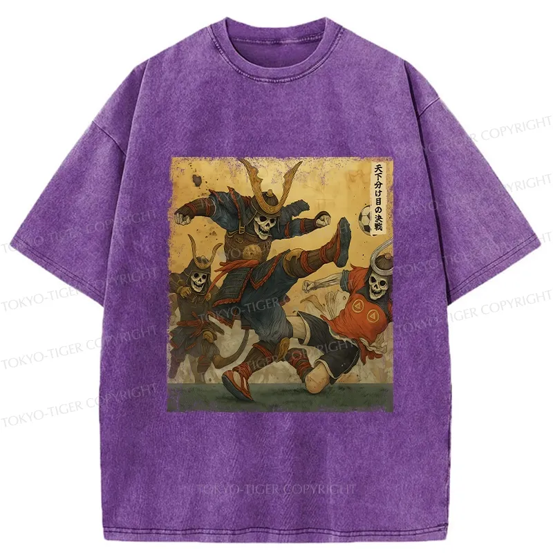 Tokyo-Tiger Skeleton Samurai Playing Football Washed T-Shirt