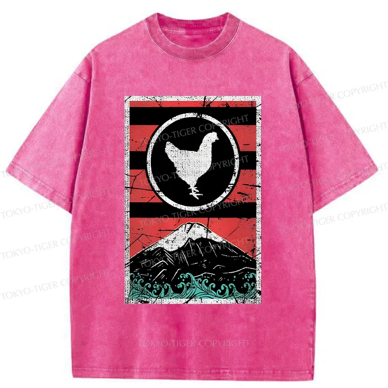 Tokyo-Tiger Mount Fuji And Chicken Washed T-Shirt