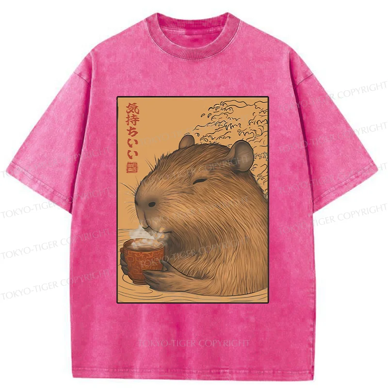 Tokyo-Tiger Capybara Taking A Bath Washed T-Shirt