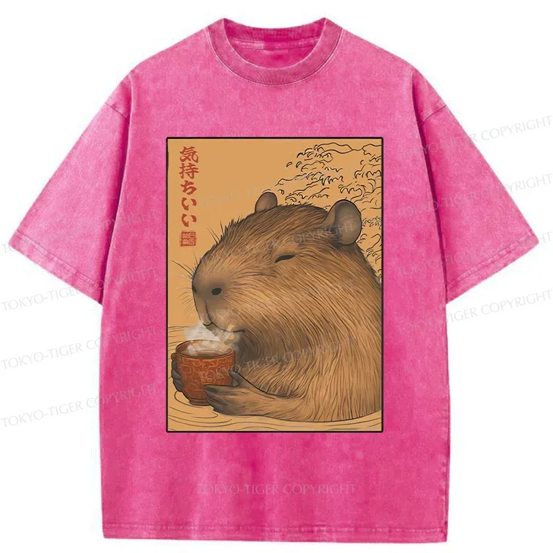 Tokyo-Tiger Capybara Taking A Bath Washed T-Shirt