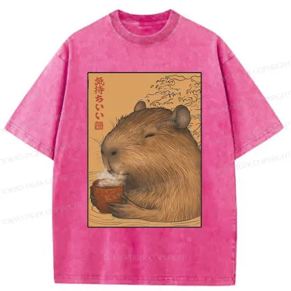 Tokyo-Tiger Capybara Taking A Bath Washed T-Shirt