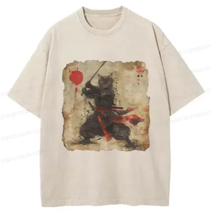 Tokyo-Tiger Retro Japanese Samurai Cat Washed T-Shirt