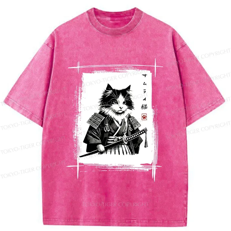 Tokyo-Tiger Tuxedo Samurai Cat Washed T-Shirt