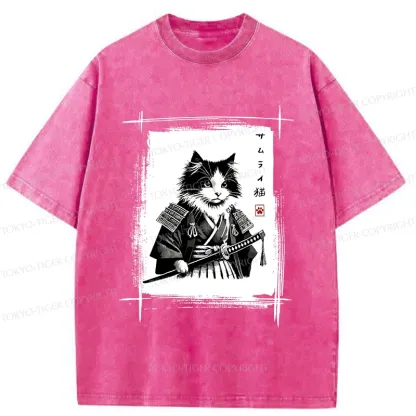 Tokyo-Tiger Tuxedo Samurai Cat Washed T-Shirt