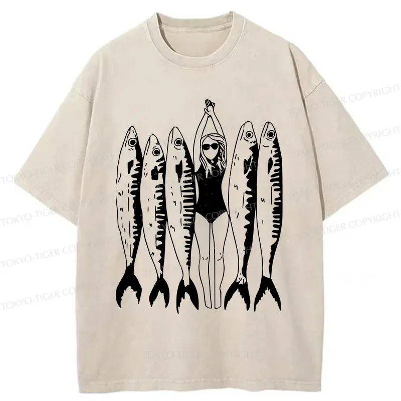 Tokyo-Tiger Swimming People And Fish Washed T-Shirt